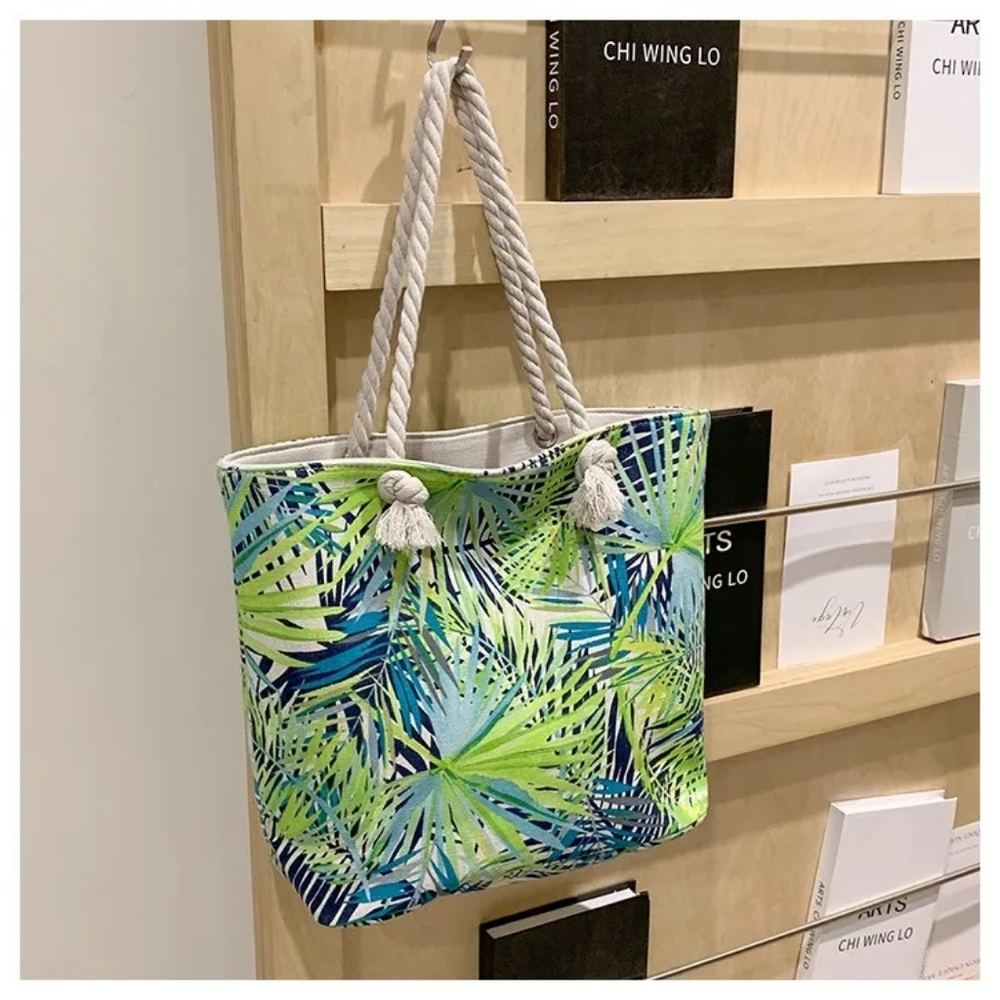 Womens Large Leaves Design Square Zipper Beach Bag - Picture 3 of 7